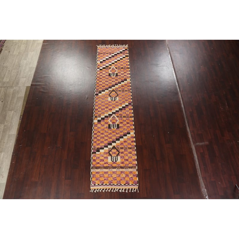 Modern Checkered Moroccan Oriental Runner Rug Hand-knotted Wool Carpet - 2'11" x 12'10"