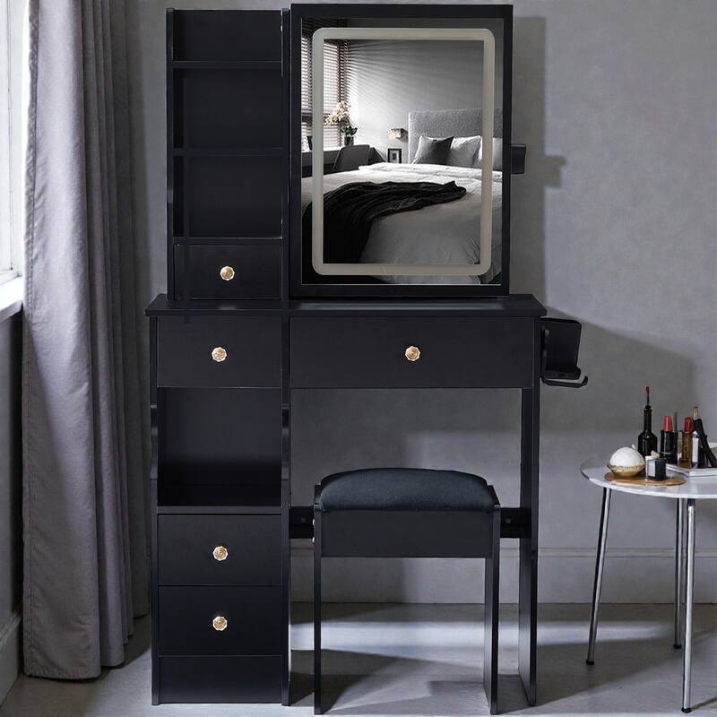 29.2'' Small Vanity Table with LED Mirror, 2 AC & 2 USB Outlets, Drawer & Stool, Touch Control Tri-Color Lighting