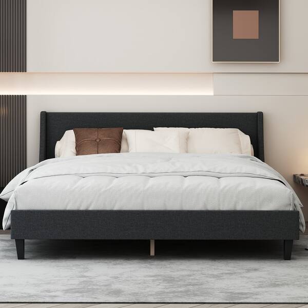 Dark Gray Wood King Size Bed Frame Upholstered Platform Bed with ...