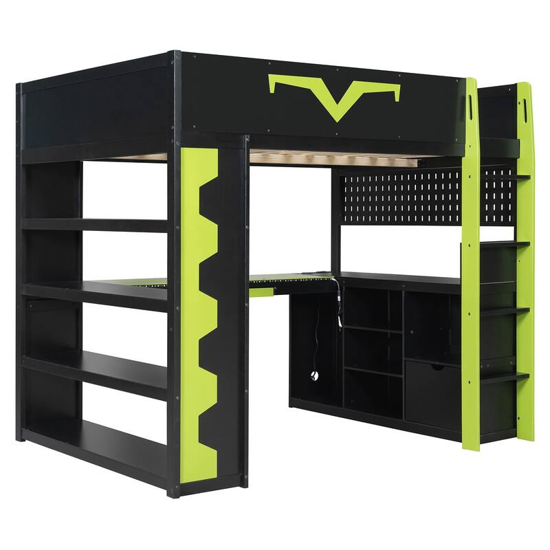Full Size Gaming Loft Bed with Desk & RGB LED Lights, Pro-Gamer Setup with Pegboard, Keyboard Tray & Storage