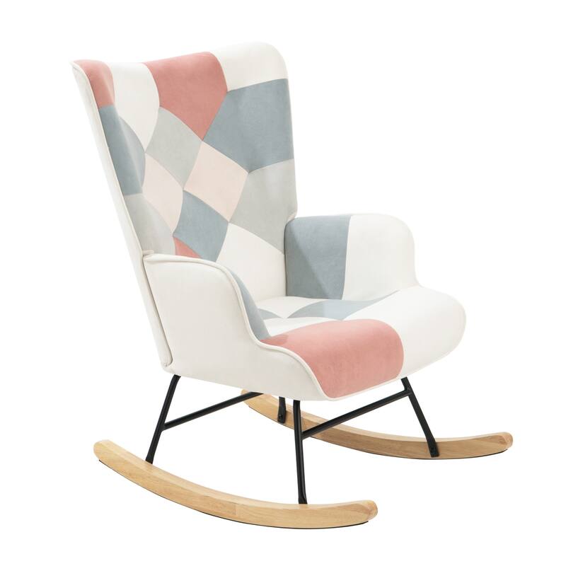 Pink Colorful 35.4" High Back Rocking Chair with Ottoman