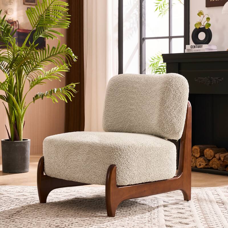30"W Mid-Century Modern Accent Chair with Solid Wood Frame, Boucle Comfy Living Room Chair for Bedroom Lounge Reading Room - Set of 1 - Green