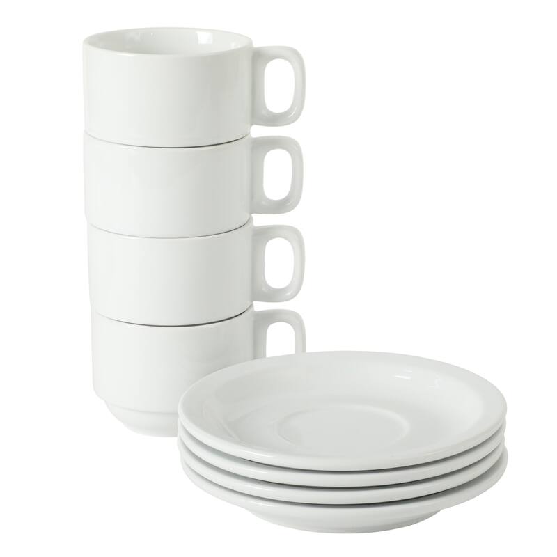 Gibson Home Gracious Dining Cups and Saucers Set of 4, Stackable Coffee Set with Metal Stand for Espresso and Cuppuccino
