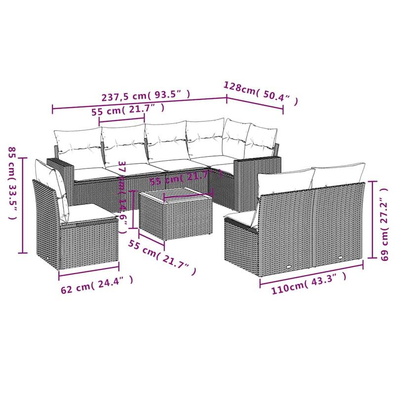 vidaXL 9 Piece Patio Sofa Set with Cushions Black Poly Rattan - 24.4 x 24.4 x 27.2