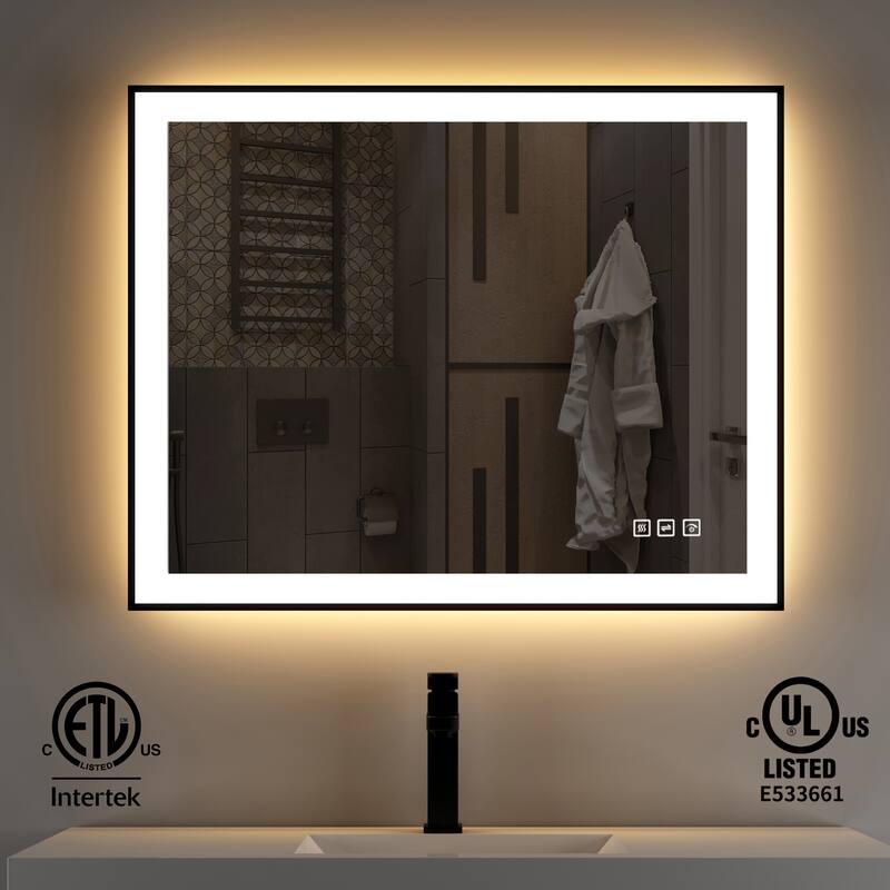 TOOLKISS Black Frame Anti-Fog Dimmable LED Light Vanity Bathroom Mirror with Backlit and Front Light - 36 inch.W x 24 inch.H - Right Angle Frame