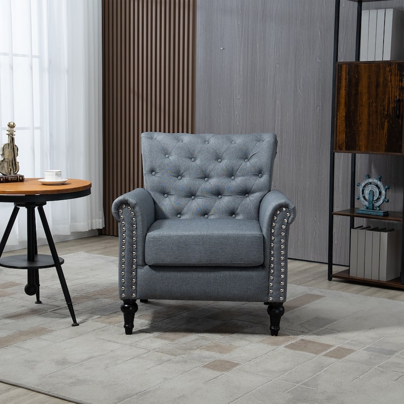 Linen Armchair w/Tufted Back/Wood Legs