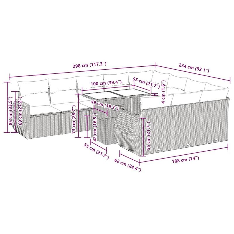 vidaXL 11 Piece Patio Sofa Set with Cushions Black Poly Rattan Acacia - 21.7 x 24.4 x 27.2