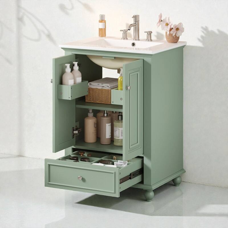 24" Bathroom Vanity with Ceramic Sink, Storage Cabinet with Soft-Close Doors and Drawer with Dividers