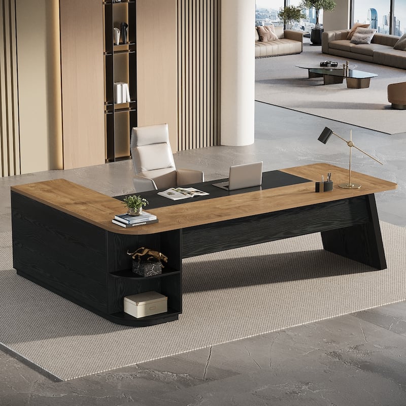 79 Inch Large Executive Office Desk with Cabinet, L-Shaped Desk with Storage Shelves, Wooden Corner Desk for Home Office