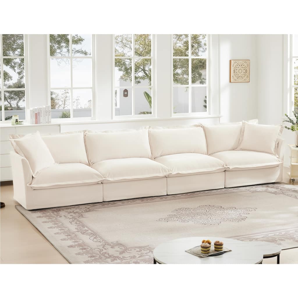 Modern 4 Seater Upholstered Sofa with 2 Pillows