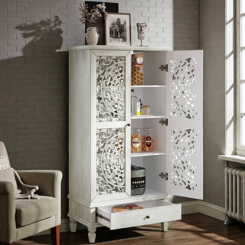 55'' Rustic Tall Storage Cabinet with Drawer, Carved Wood 2-Door Accent Cabinet with Solid Wood Legs for Living Room