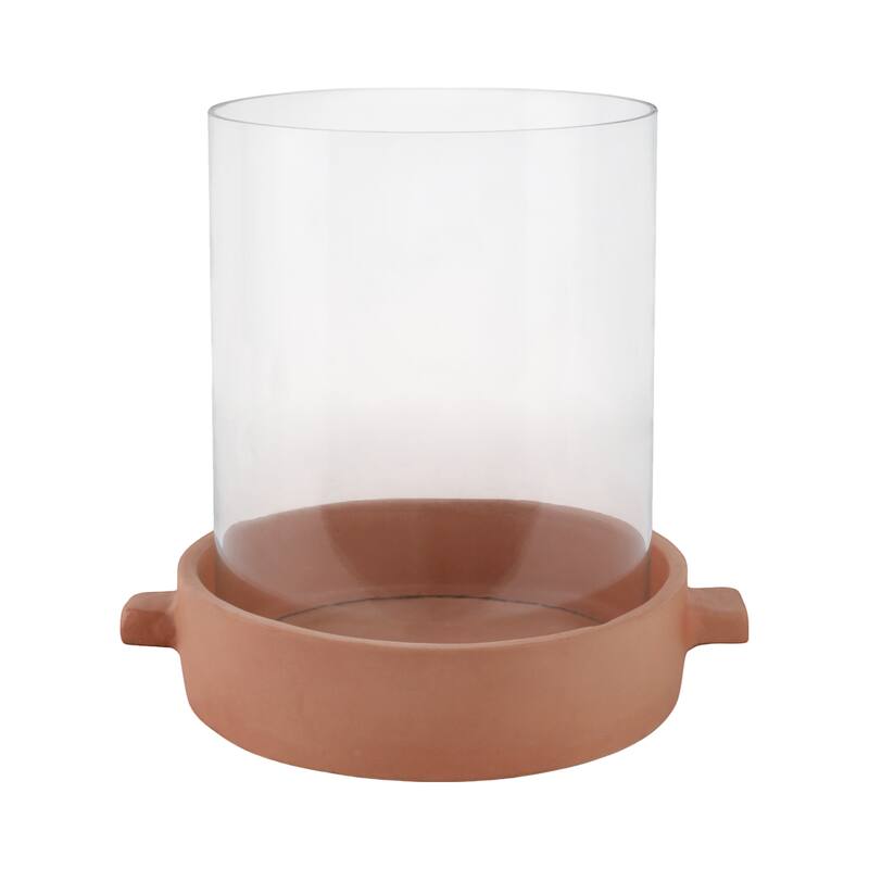 Modern Glass Hurricane Candle Holder with Terracotta Base - 10"