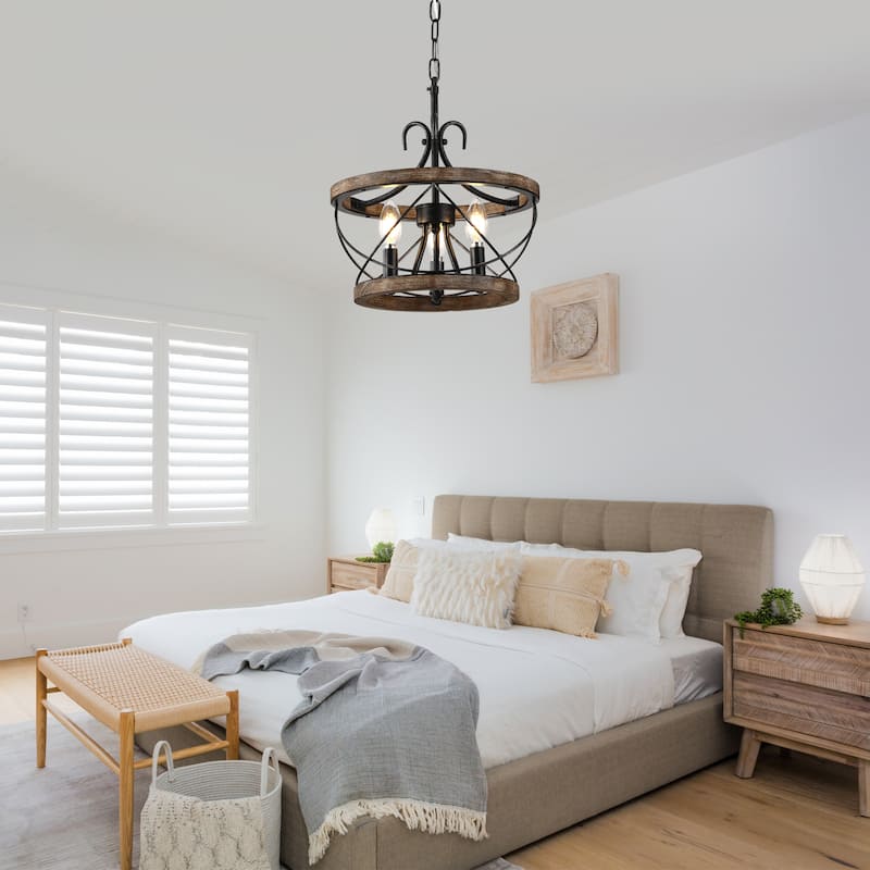 Cusp Barn 5-Light Farmhouse Wood Chandelier Adjustable Handmade Rustic Drum Ceiling Light Fixture Hanging Lamp for Foyer Kitchen