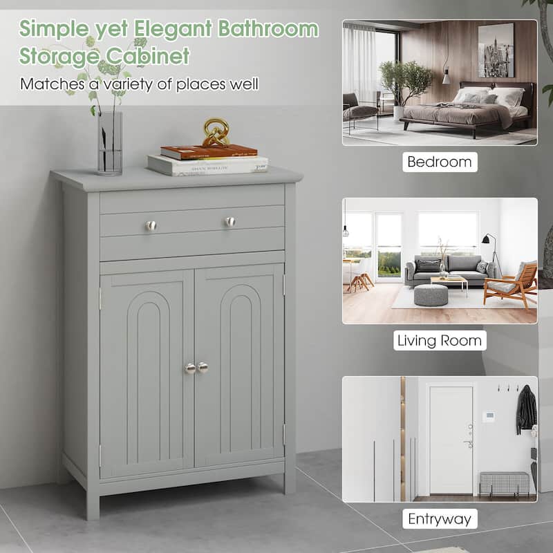 Gymax Bathroom Floor Cabinet Wooden Storage Organizer with Drawer &