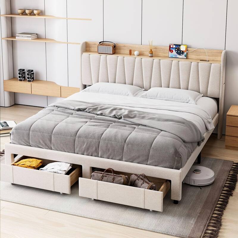 Upholstered Platform Bed with Storage Headboard, Drawer & Charging Station, Wood Slat Support - King - Beige