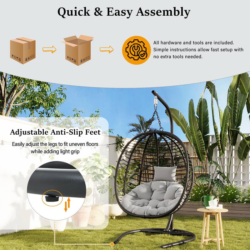 Roomfitters Single Person Folding Egg Chair with Stand, UV Resistant Wicker Rattan Swing for Patio, Garden