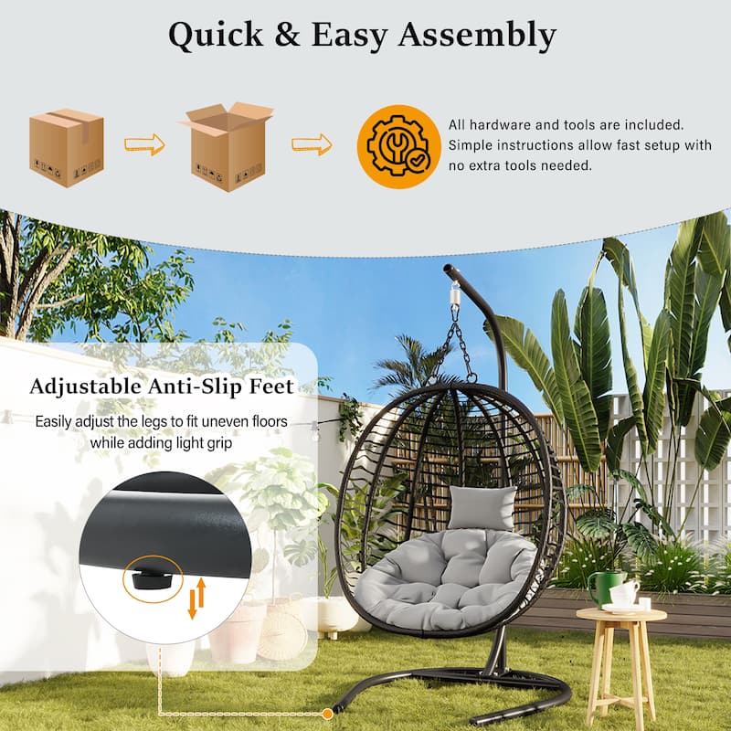 Single Person Folding Egg Chair with Stand, Hanging Egg Chair, Wicker Hammock Swing Chair with Adjustable Anti-Slip Feet