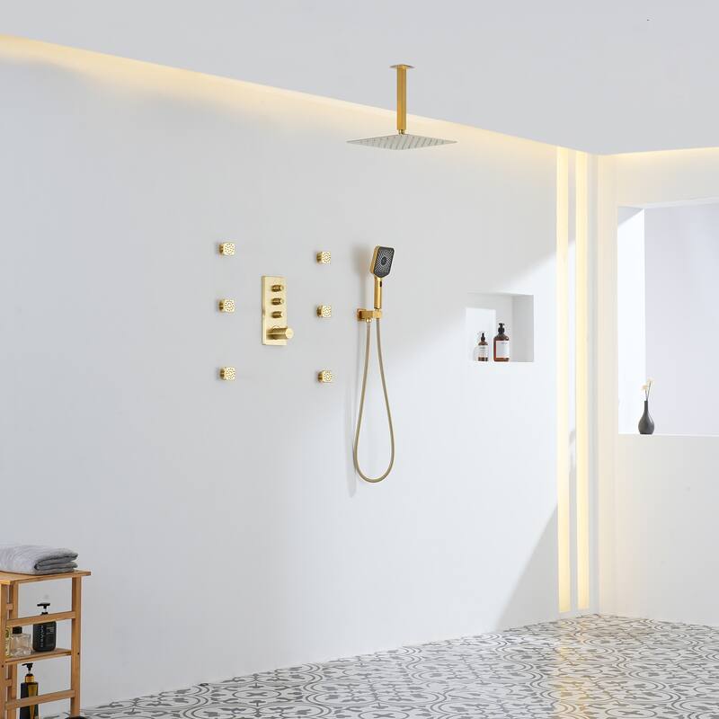3-Function 12-Inch Ceiling-Mounted Thermostatic Shower System in Brushed Gold with Square Shower Head