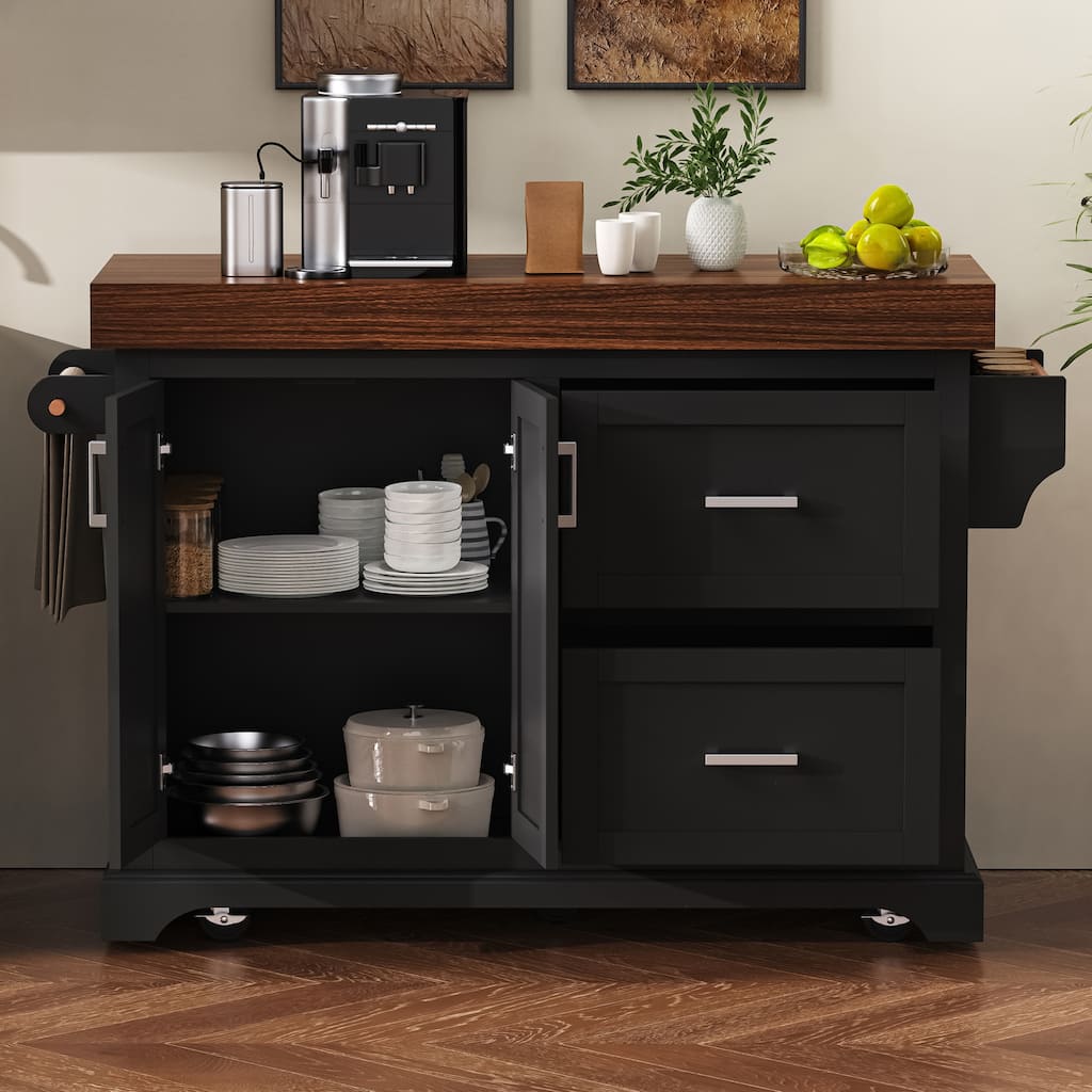 53" Rolling Kitchen Island with Spice and Towel Racks, Kitchen Storage Cart with Cabinet and Drawers