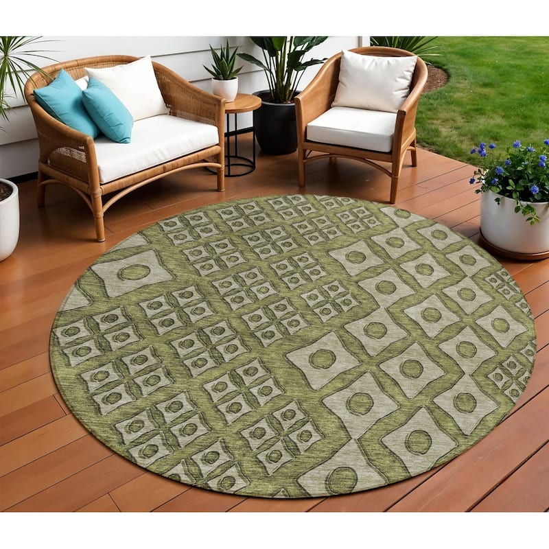 Green And Gray Round Geometric Washable Indoor Outdoor Area Rug - 8' Round - 8' Round - Green/Grey