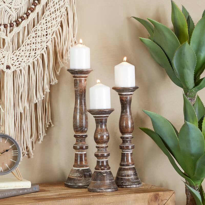 Brown, Light Brown, Gray or Black Wood Traditional Candle Holder (Set of 3) - S/3 18, 15, 12"H