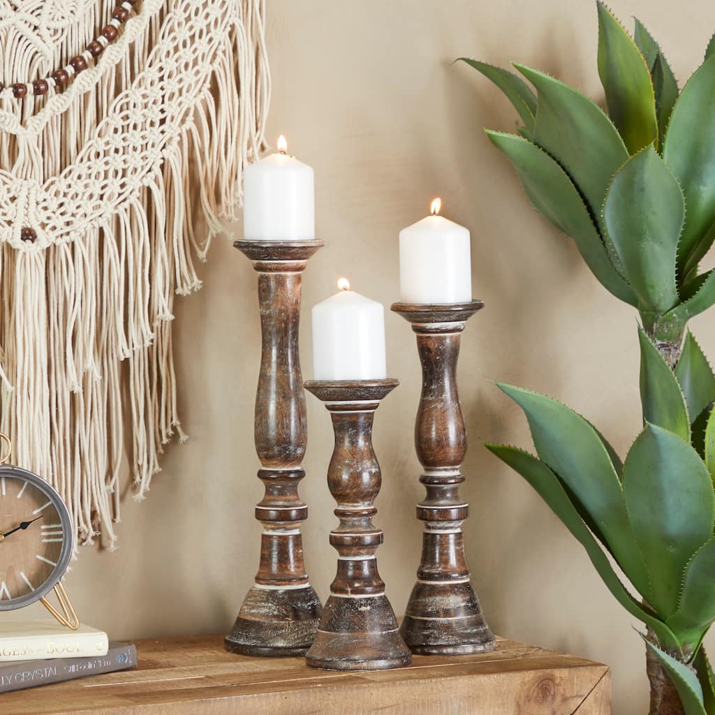 Brown, Light Brown, Gray or Black Wood Traditional Candle Holder (Set of 3) - S/3 18, 15, 12"H
