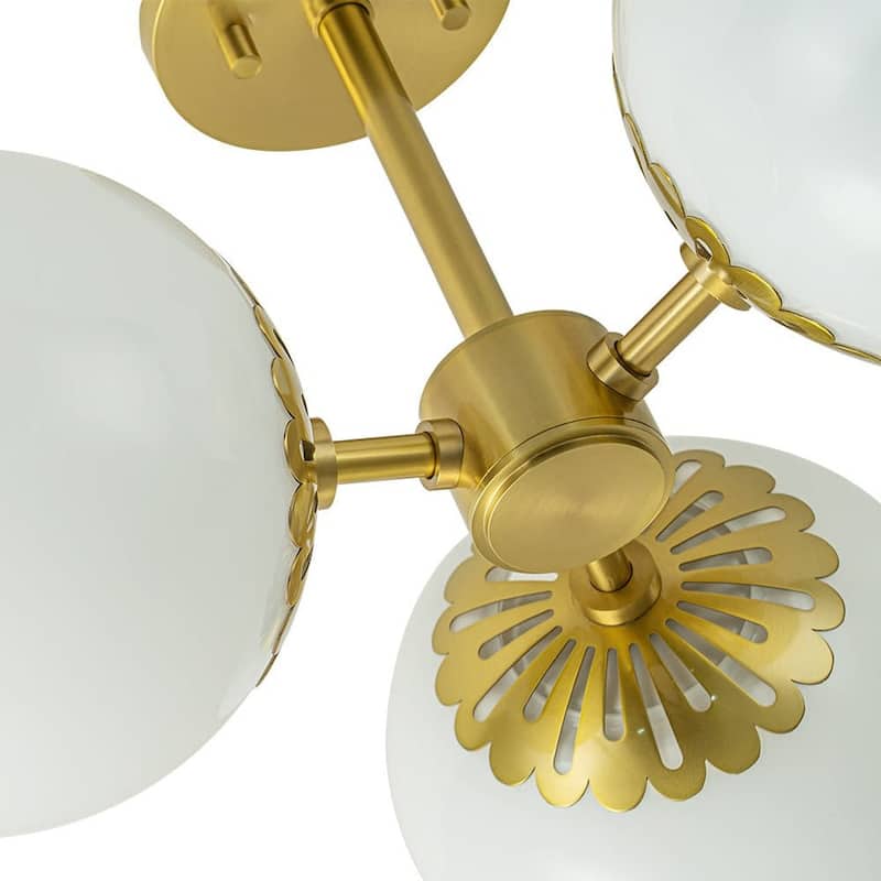 3-Light Mid-century Modern Opal Glass Globe Semi-flush Mount - Brass