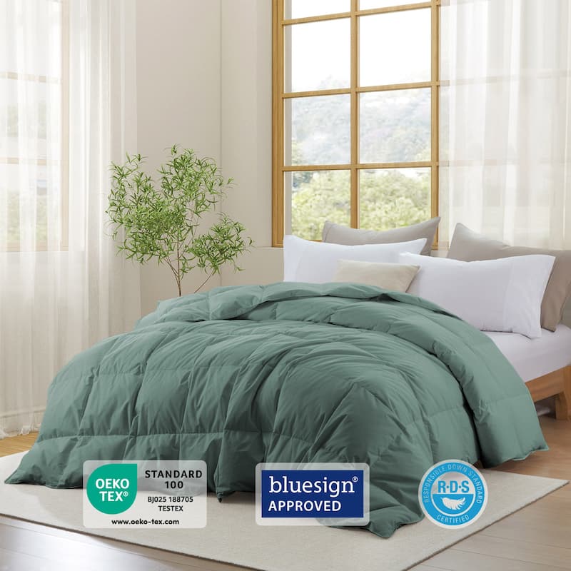 All Season 300TC Organic Cotton Down Comforter - 100% Natural, Chemical-Free, Medium Warmth Duvet Insert - King - Green