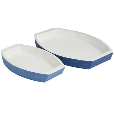 Wood Boat Handmade Distressed Two Toned Tray - Set of 2 Blue - Roche River Decor - 8"W x 13"L x 2"H