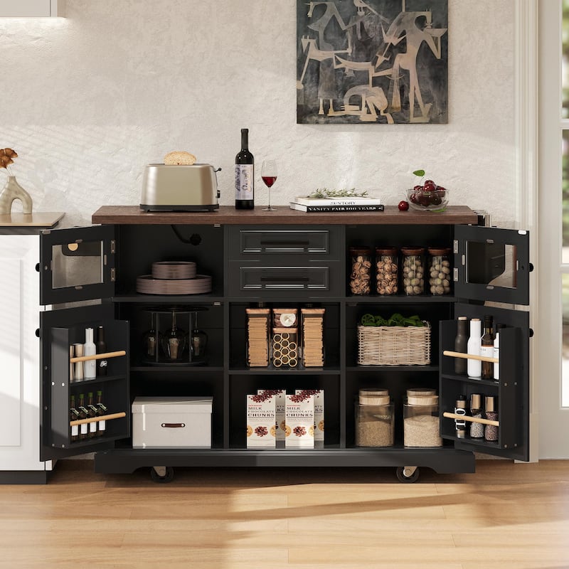 54.9" Kitchen Island with Drop Leaf, Power Outlet, Kitchen Storage Cart
