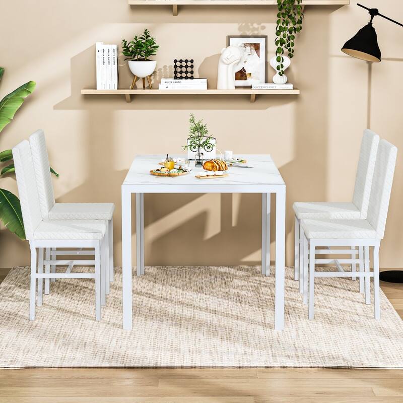 Grondin Modern Style 5-Piece Dining Room Table Set with Tempered Glass Tabletop and 4 Diamond Stitching PU Leather Dining Chairs