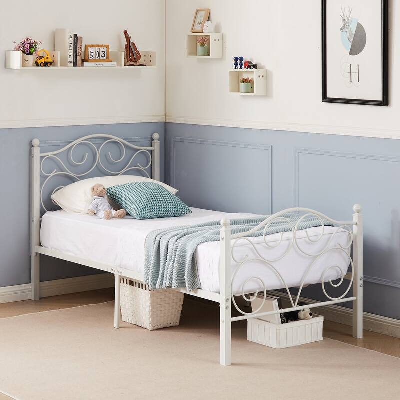 Javlergo 2-Pack Twin Size Victorian Metal Bed Frame for Kids with Headboard & Footboard No Box Spring Needed