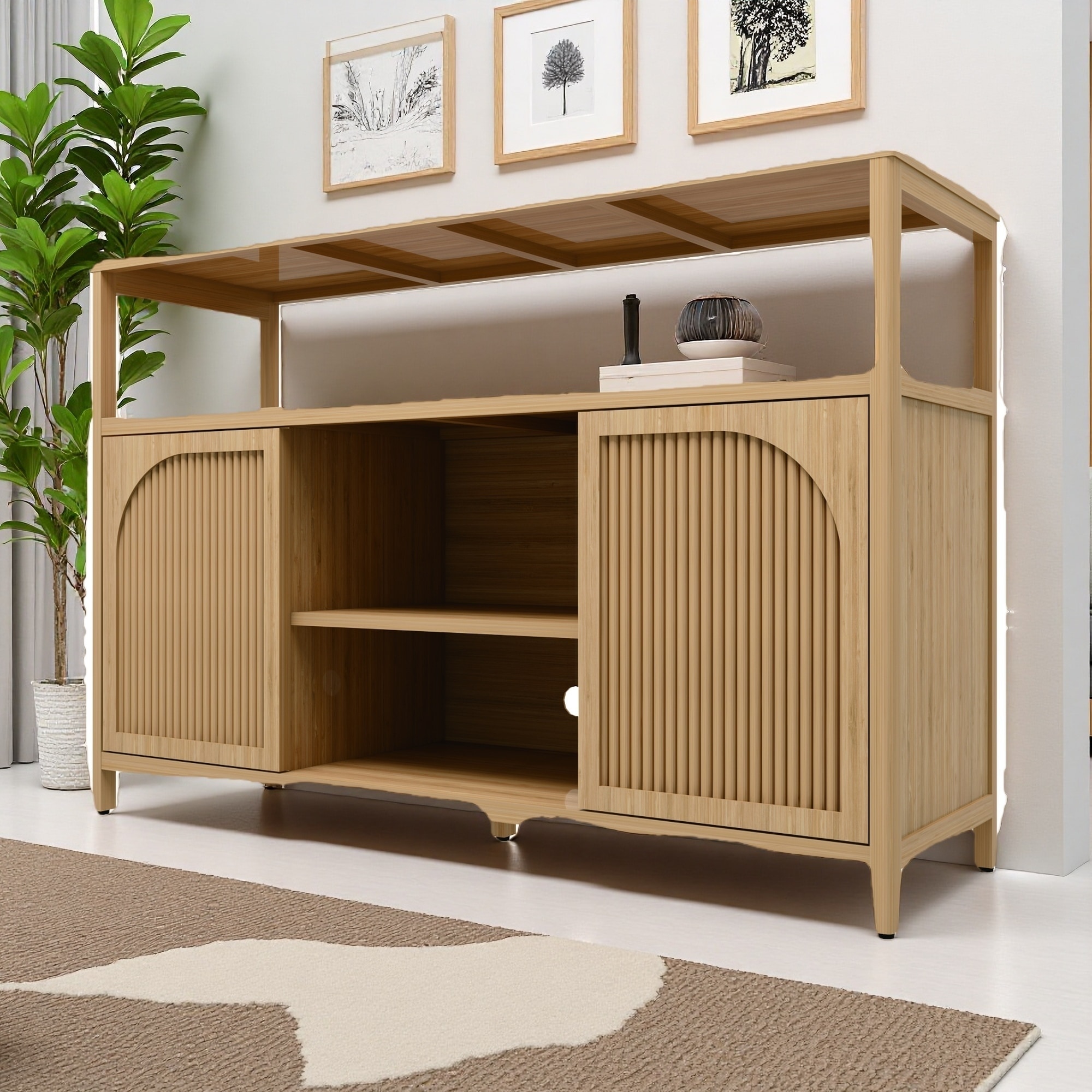 Bamboo Sideboard with 2-Tier Open Shelf and 2-Tier Inner Shelves