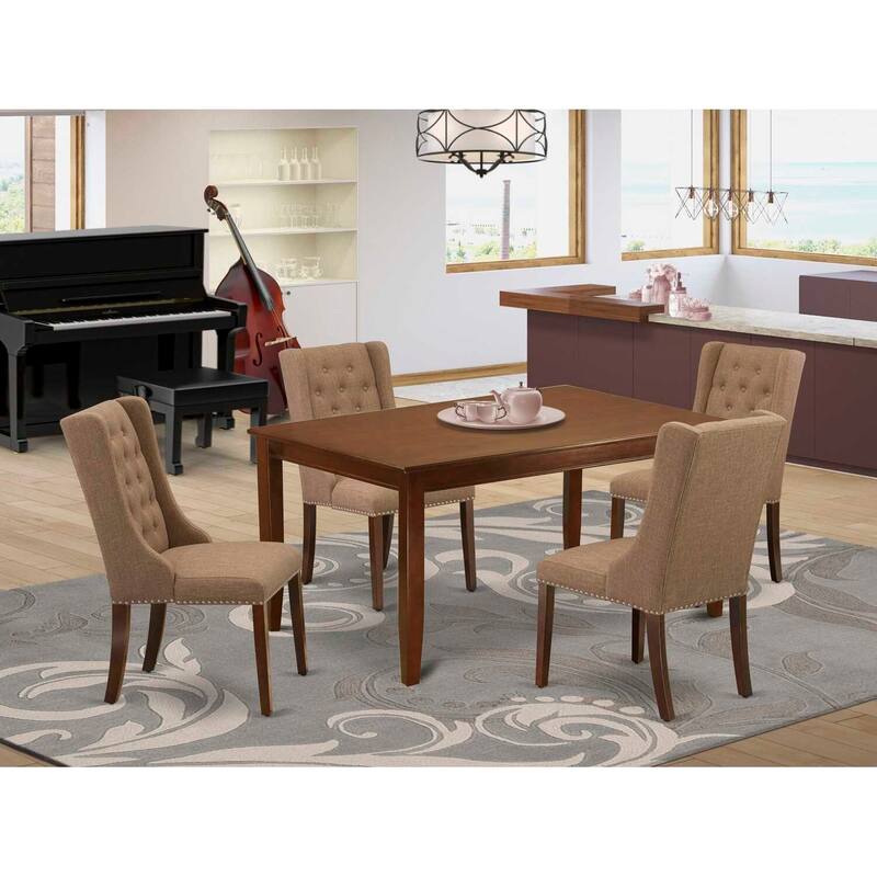 5-Piece Mahogany Finish Solid Wood Top - Button Tufted Dining Room Set - Seats 4