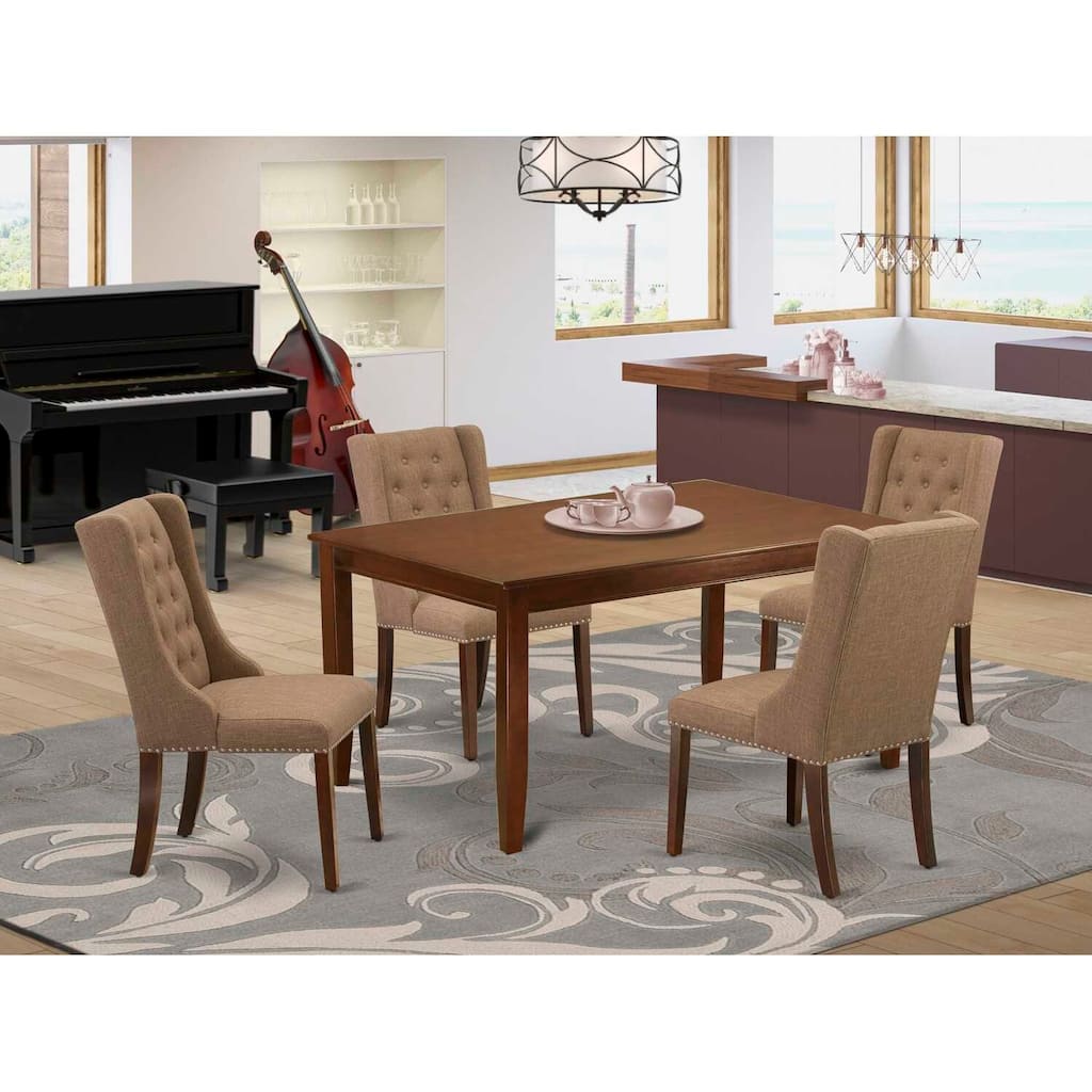 5-Piece Mahogany Finish Solid Wood Top - Button Tufted Dining Room Set - Seats 4