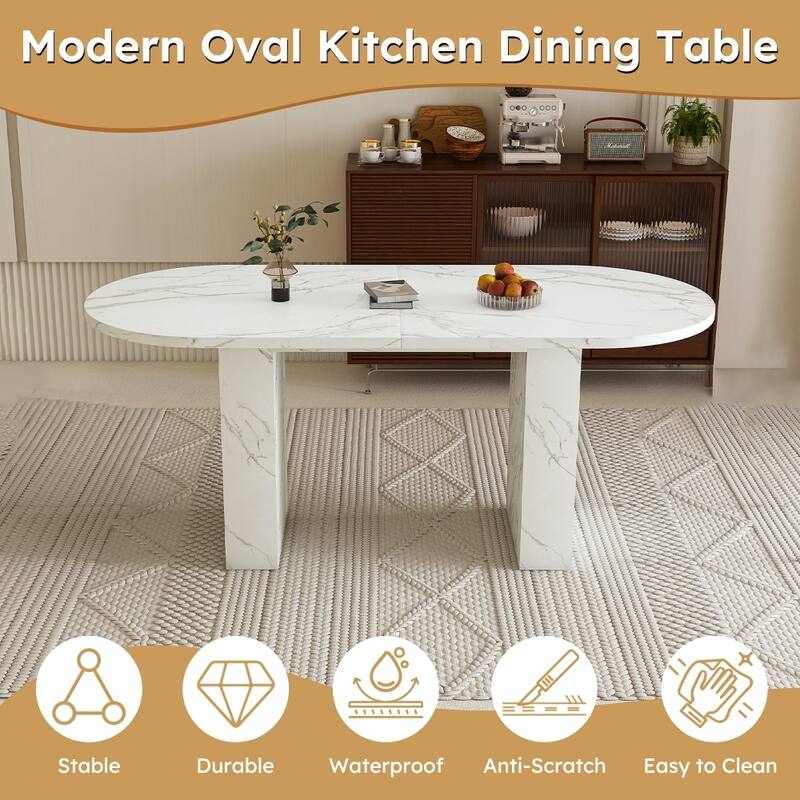 62.9" Oval Marble Top Kitchen Dining Table with Wood Strip Base and Waterproof Scratch Resistant Surface