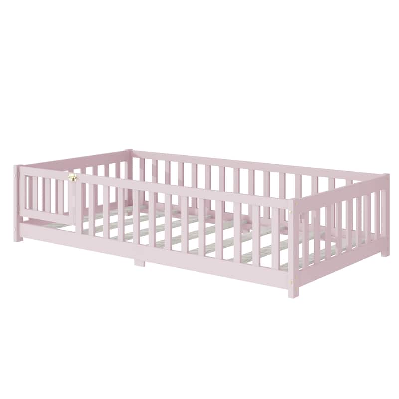 Twin Size Floor Bed with Fence and Door,Rubber Wood Floor Bed with Safety Guardrails