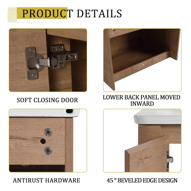 28'' Wall-Mounted Bathroom Vanity with White Ceramic Sink & 1-Soft-Close Door, KD-Packing, Plywood