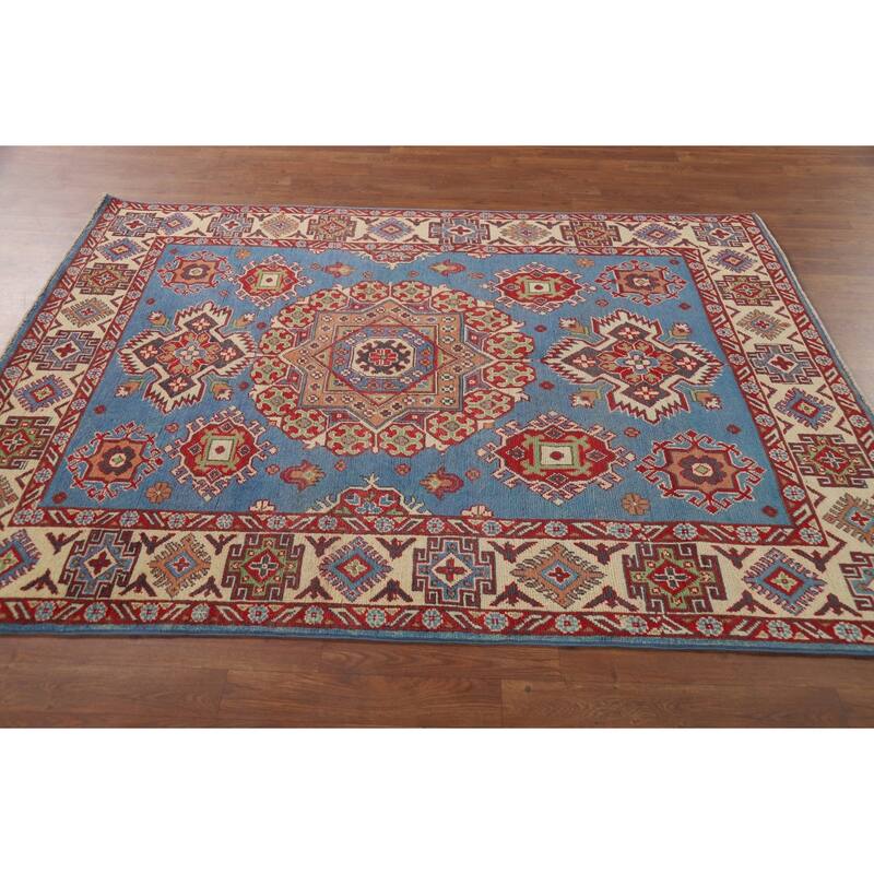 Blue Geometric Kazak Oriental Area Rug Handmade Wool Carpet - 4'10" x 6'7"