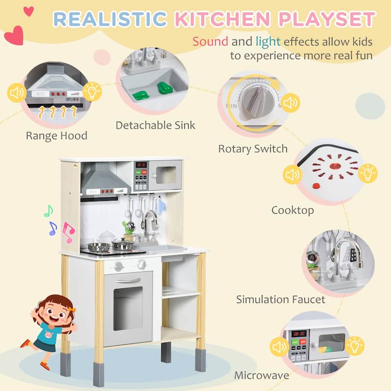 Qaba Wooden Play Kitchen with Realistic Lights and Sounds, Height-Adjustable Kids Kitchen Playset with Microwave, Range Hood