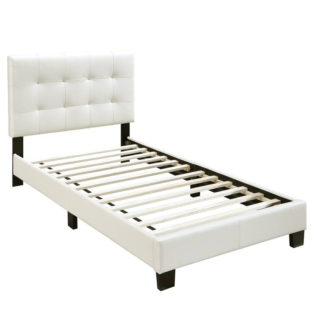 Twin Bed Frame Faux Leather Slat Support Modern Bedroom Furniture White