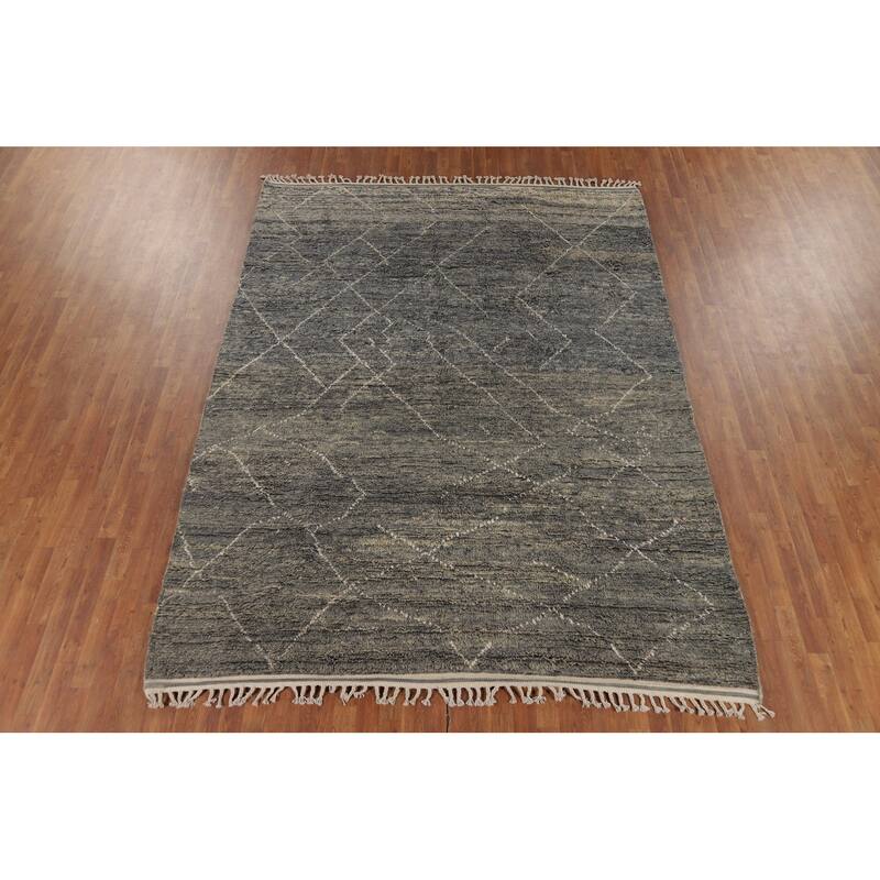 Gray Plush Moroccan Oriental Area Rug Handmade Wool Carpet - 7'11" x 10'8"