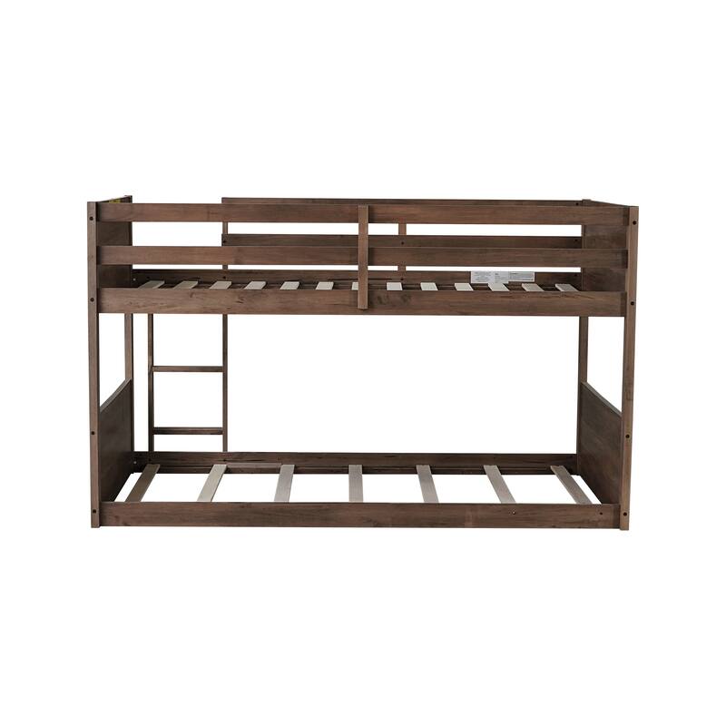 Twin Over Twin Floor Bunk Bed with Vintage Panel Headboard Built-in Ladder & Guardrails (250lb Capacity)