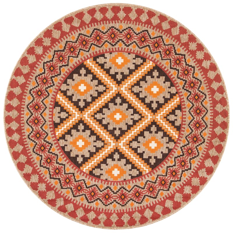 SAFAVIEH Veranda Eyvor Indoor/ Outdoor Waterproof Patio Backyard Rug - 5'3" Round - Red/Natural
