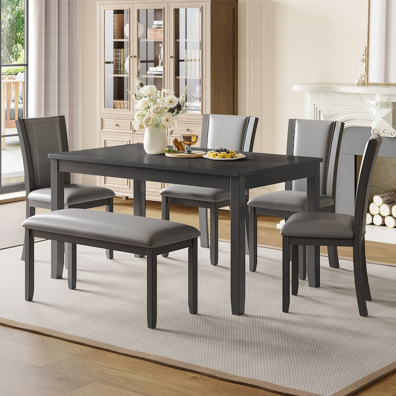 6 Piece Dining Table Set, Wooden Kitchen Table Chair Set with Rectangular Table, Bench and 4 Upholstered Chairs