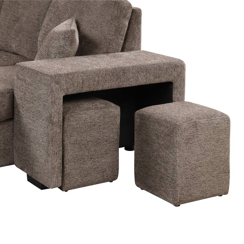 Reversible Sleeper Sectional Sofa Bed with Side Shelf and 2 Stools,Pull-Out L-Shaped Sofa Bed