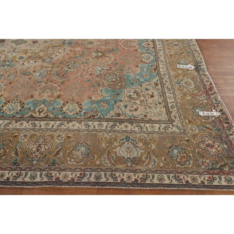 Hand Knotted Oriental 100% Wool Carpet Traditional Floral Pink Tabriz Area Rug - 12' 7'' X 9' 9''
