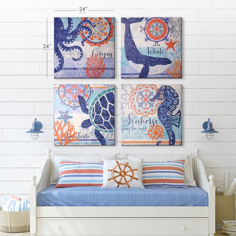 North Shore Nautical Vintage Canvas Wall Decor Art Print - 4 Piece Set - 24" x 24"