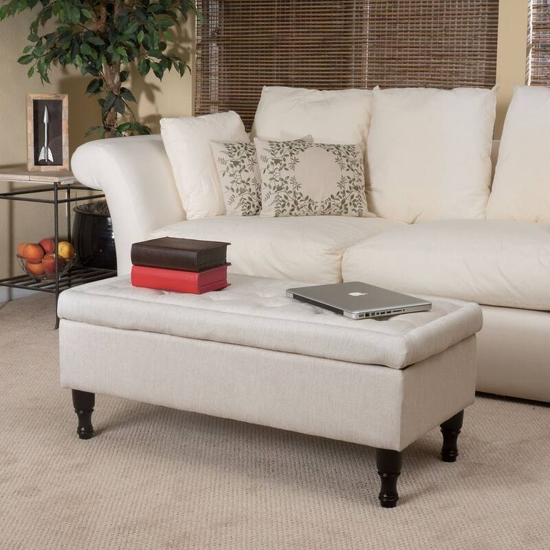 Linen Suede Storage Ottoman with Dark Wood Legs by Christopher Knight Home