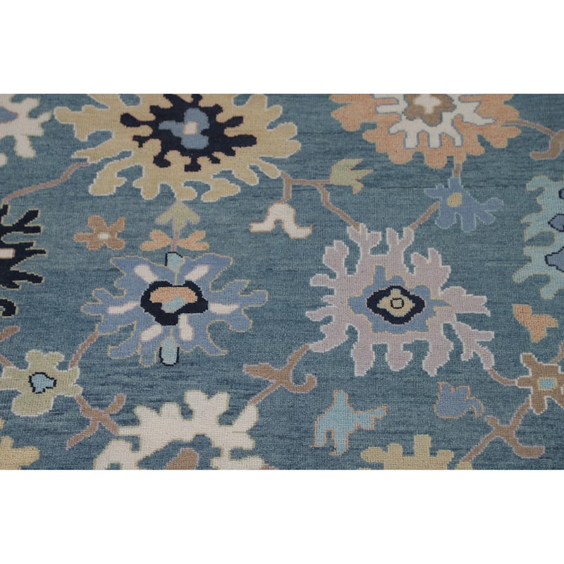 Floral Blue Oushak Oriental Area Rug Handmade Wool Carpet - 9'0"x 11'10"